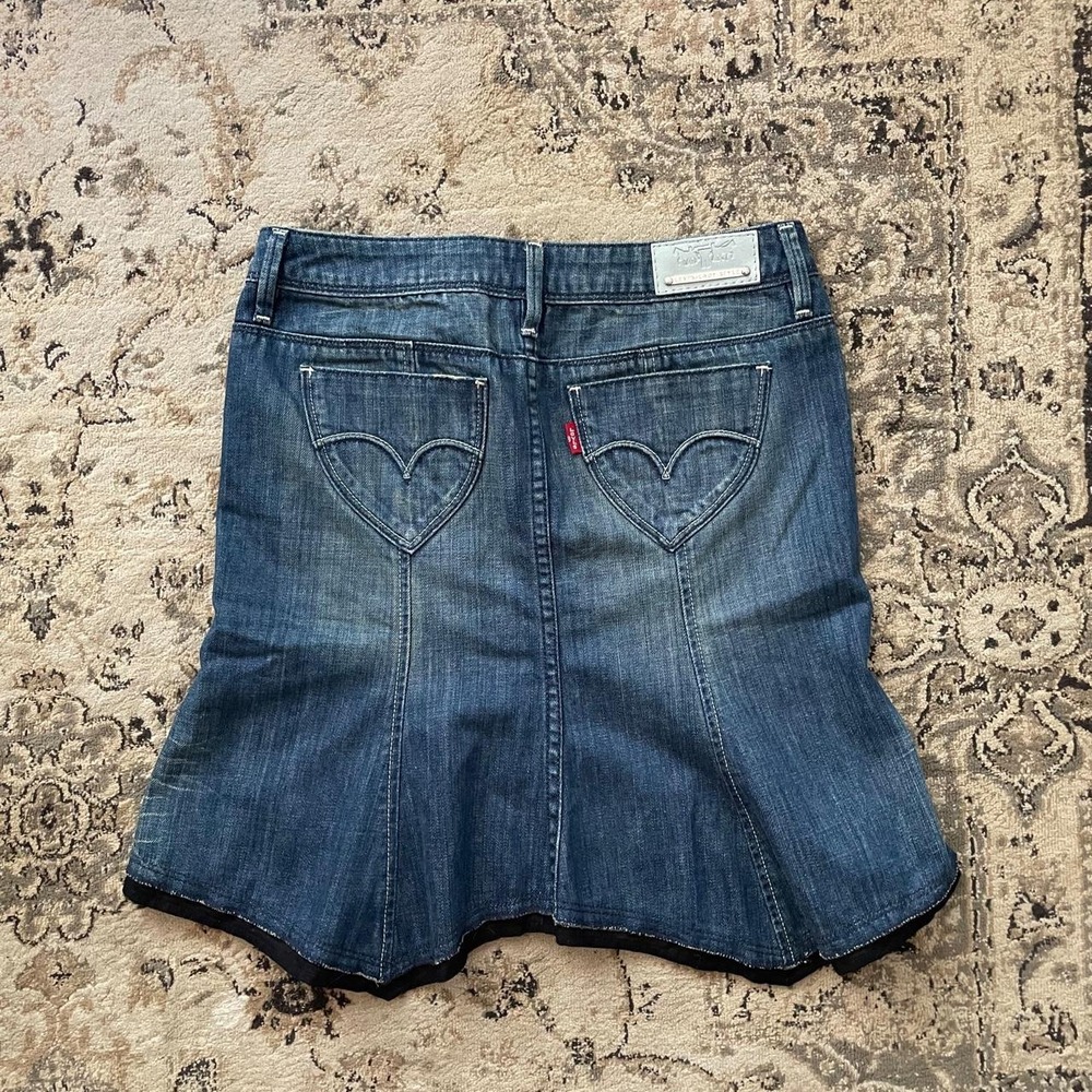Vintage Y2k Levis Denim Midi Skirt Heart Pockets Pink Label Womens sz 27 western